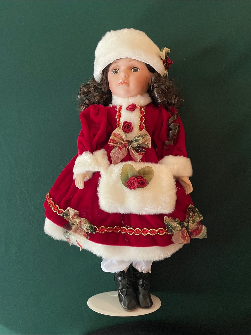Porcelain Holiday Doll in Red Velvet Dress with White Fur Trim
